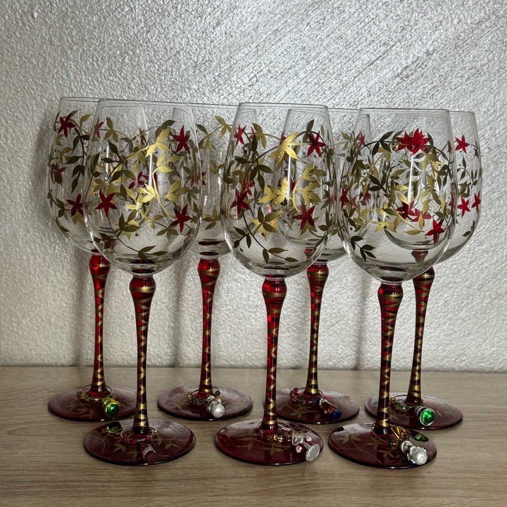 Pier 1 Hand Painted Floral Designs Gold Leaf Glass Water Goblet Set of 7 Glasses